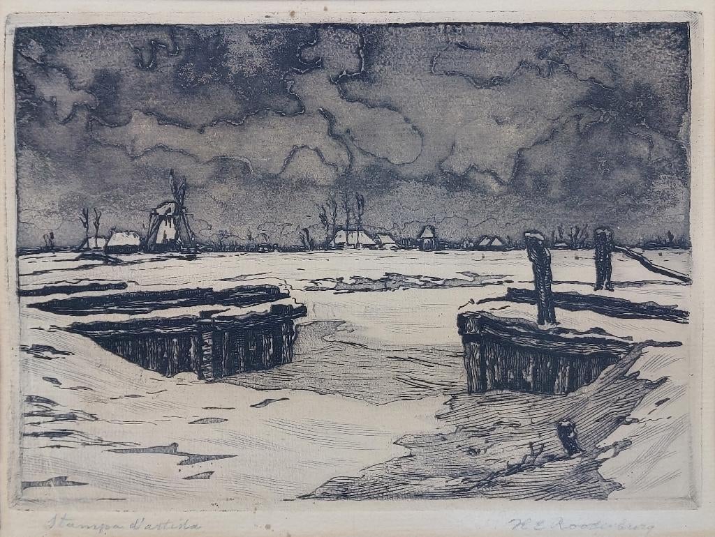 Molen in sneeuwlandschap Kunstenaar: Hendrikus E. Roodenburg, Ophalen of Verzenden, Gesigneerd, 18 cm, 1950 - 1999