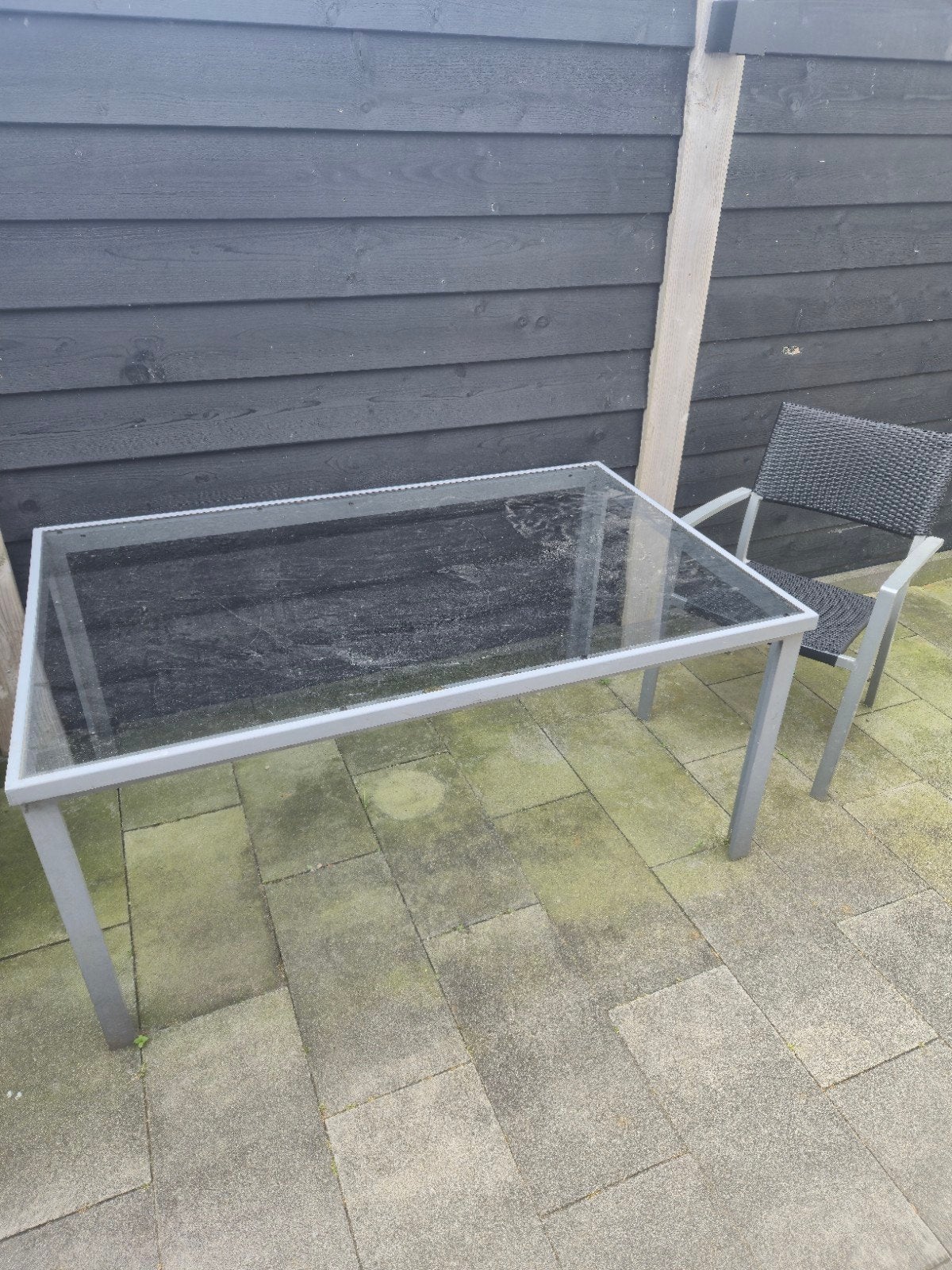 Tuinset: Glazen Tafel met 4 Stoelen - Gebruikt, Ophalen, Gebruikt, Rechthoekig, Metaal