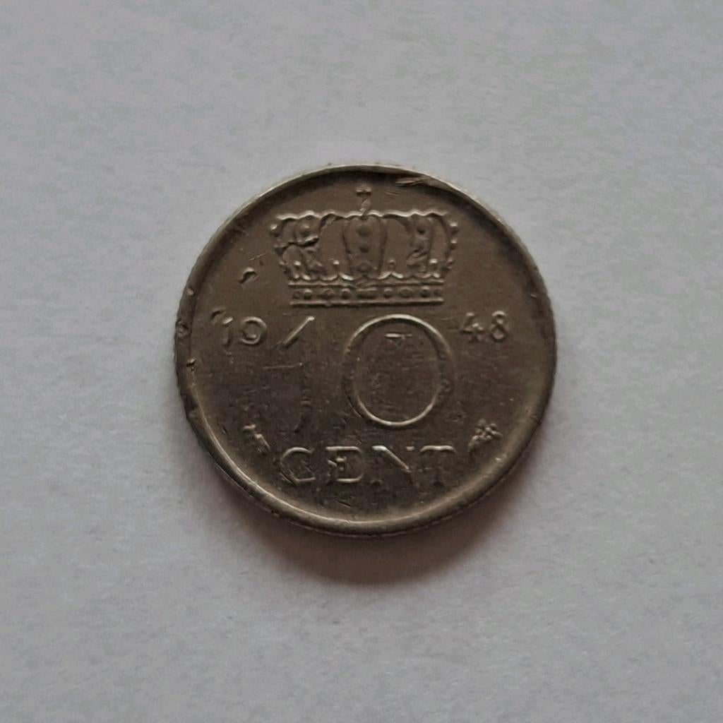 10 cent munt, dubbeltje, Koningin Wilhelmina 1948, Postzegels en Munten, Munten | Nederland, Ophalen of Verzenden, Koningin Wilhelmina