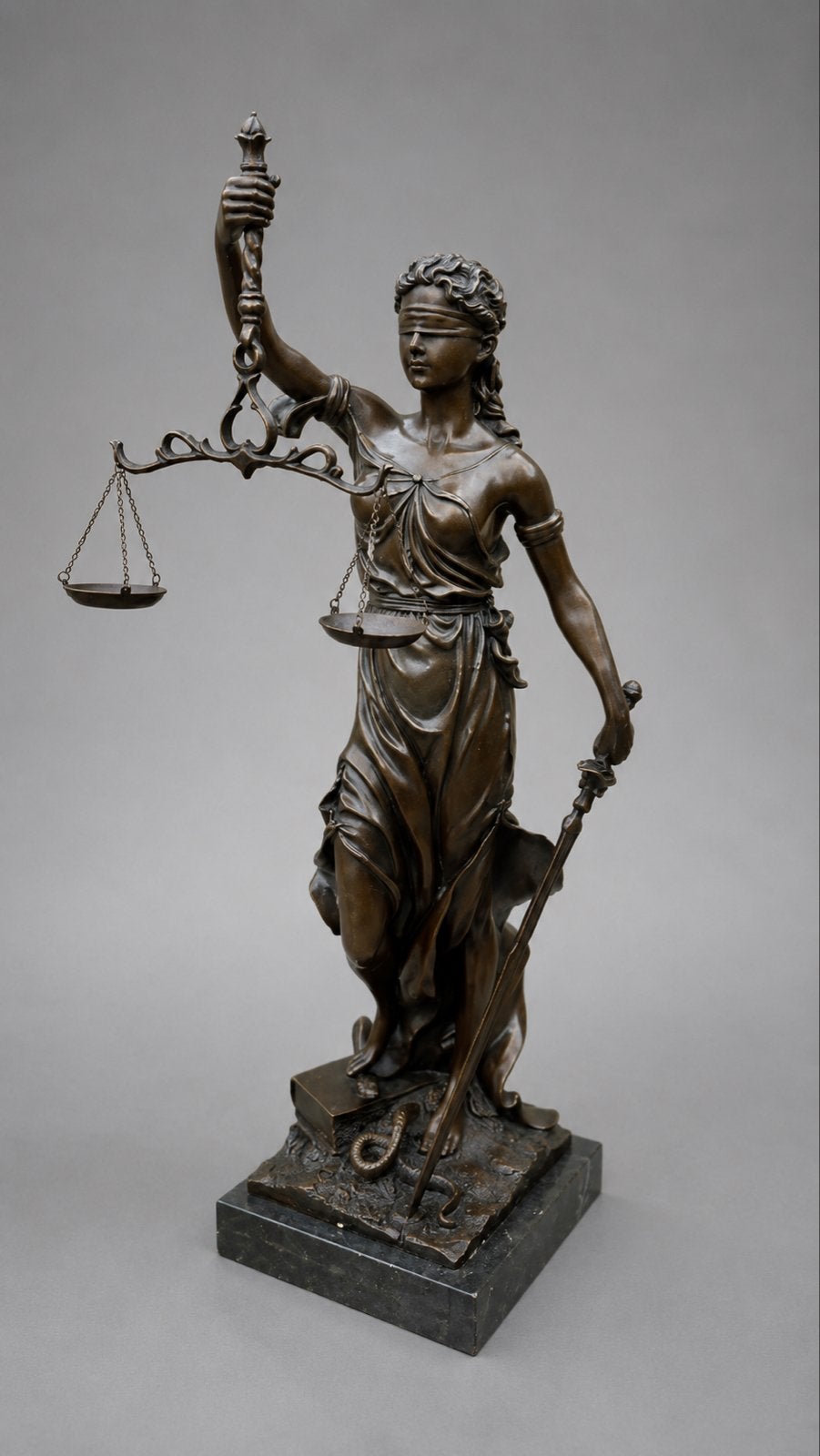 Bronzen Beeld Vrouwe Justitia op Marmeren Sokkel, Ophalen of Verzenden, Brons, 20 - 50 cm, Op sokkel