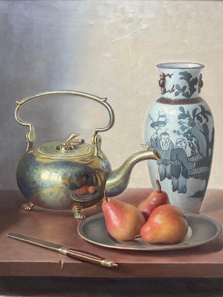 E.P. Moleveld (1946) - Stilleven met ketel, vaas en peren, Ophalen of Verzenden