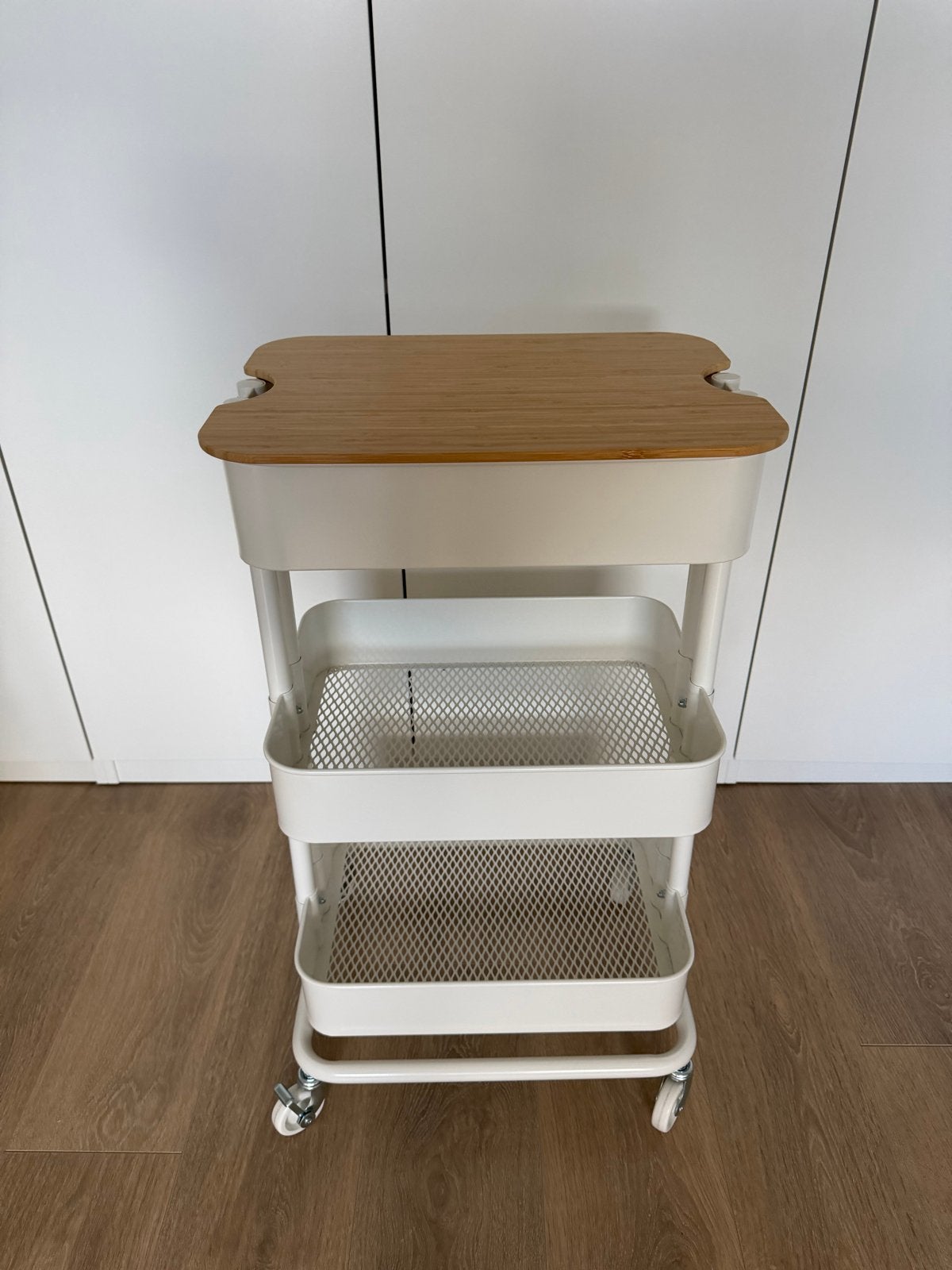 Ikea Raskog roltafel met Norrava bamboe blad, Ophalen, Zo goed als nieuw, Metaal, Wit