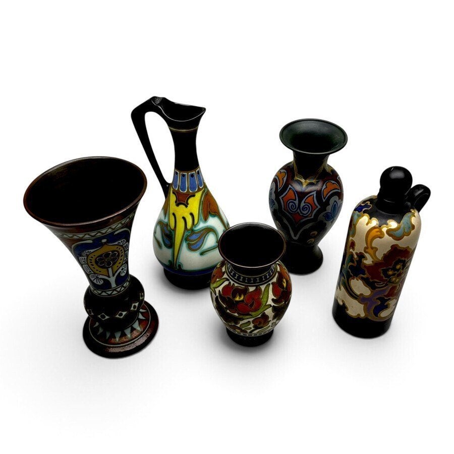 Lot plateel met kleurrijke decors (5x), Ophalen of Verzenden