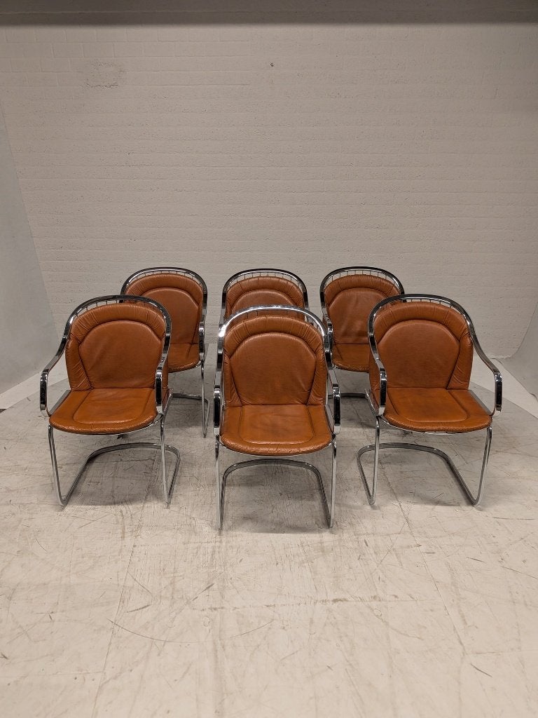 Vintage buisframe armstoel cognac, jaren 70 (6 stuks), Ophalen, Gebruikt, Bruin, N.v.t.