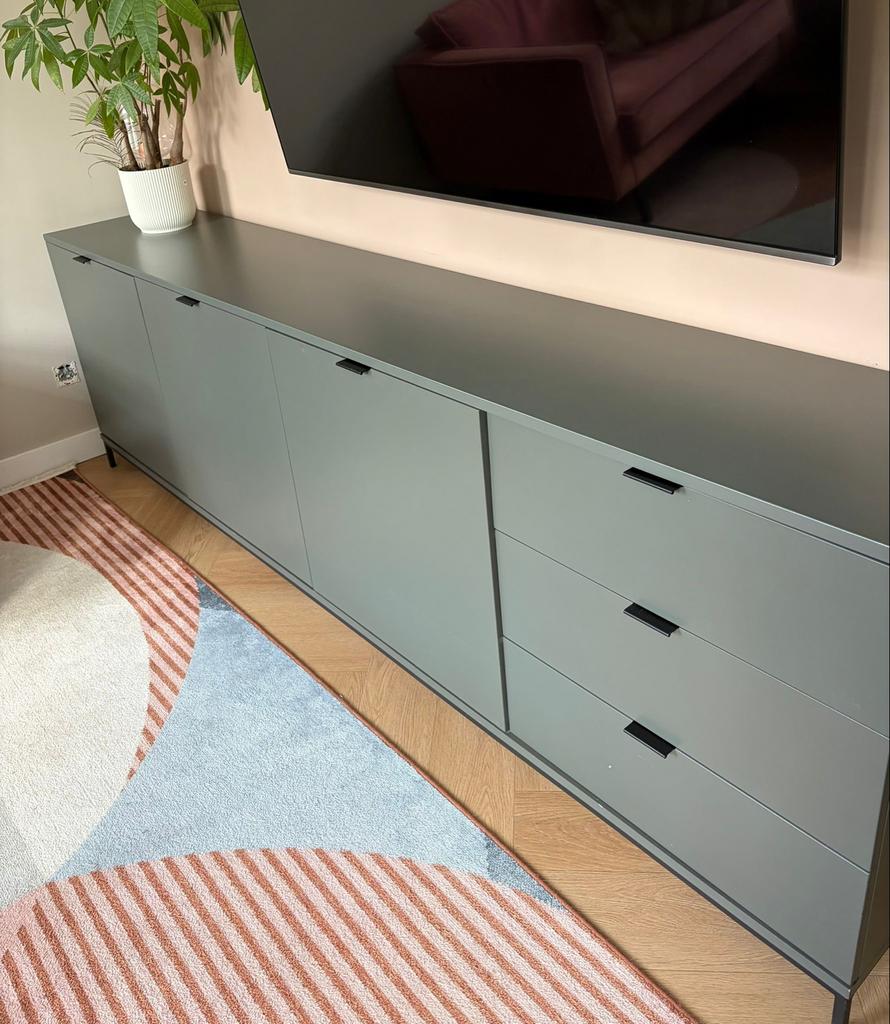 Modern dressoir/tv-meubel met lades en deuren - Grijsgroen, Ophalen, Overige materialen, Gebruikt, 200 cm of meer