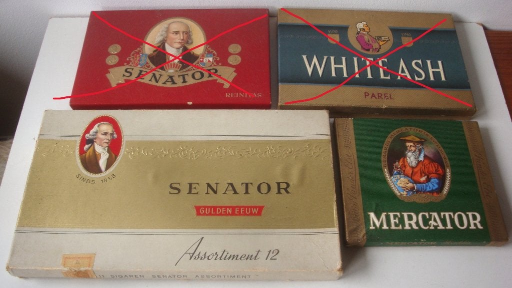 2 sigarendozen: Senator Gulden Eeuw en Mercator, in goede st, Ophalen of Verzenden, Zo goed als nieuw, Tabaksdoos of Verpakking
