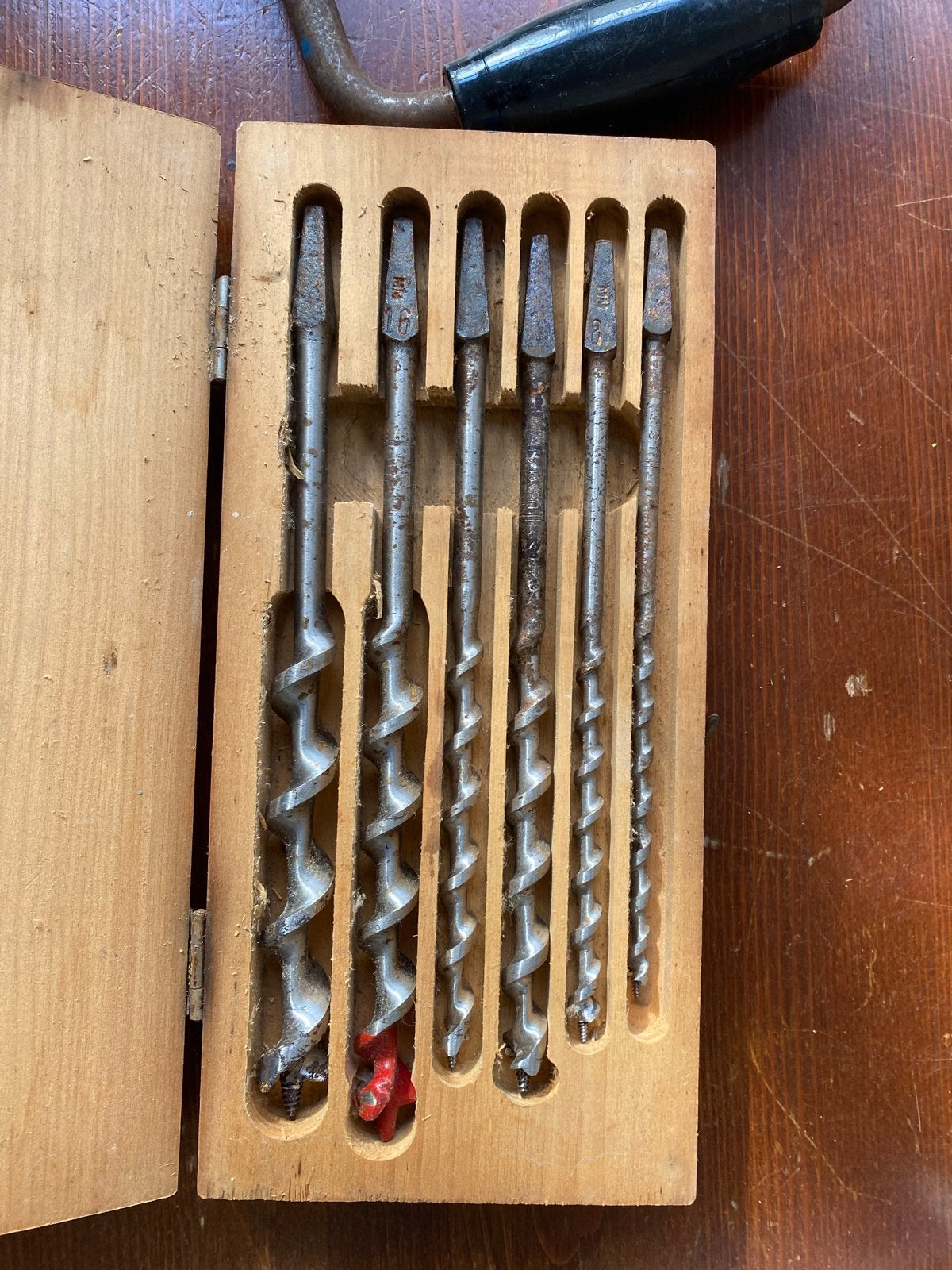 Vintage handboor met borenset in houten kistje, Ophalen of Verzenden