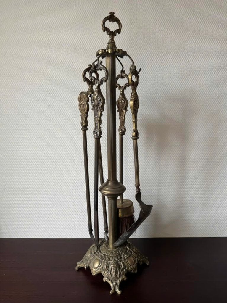Groot Antiek Koperen Haardstel, Vuurset, Openhaard Kachel, Antiek en Kunst, Ophalen of Verzenden, Koper