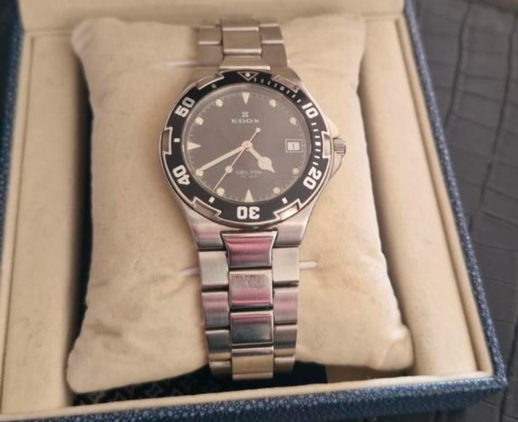 Vintage Edox delfin quartz diver heren horloge, Staal, Staal, Polshorloge, Zo goed als nieuw