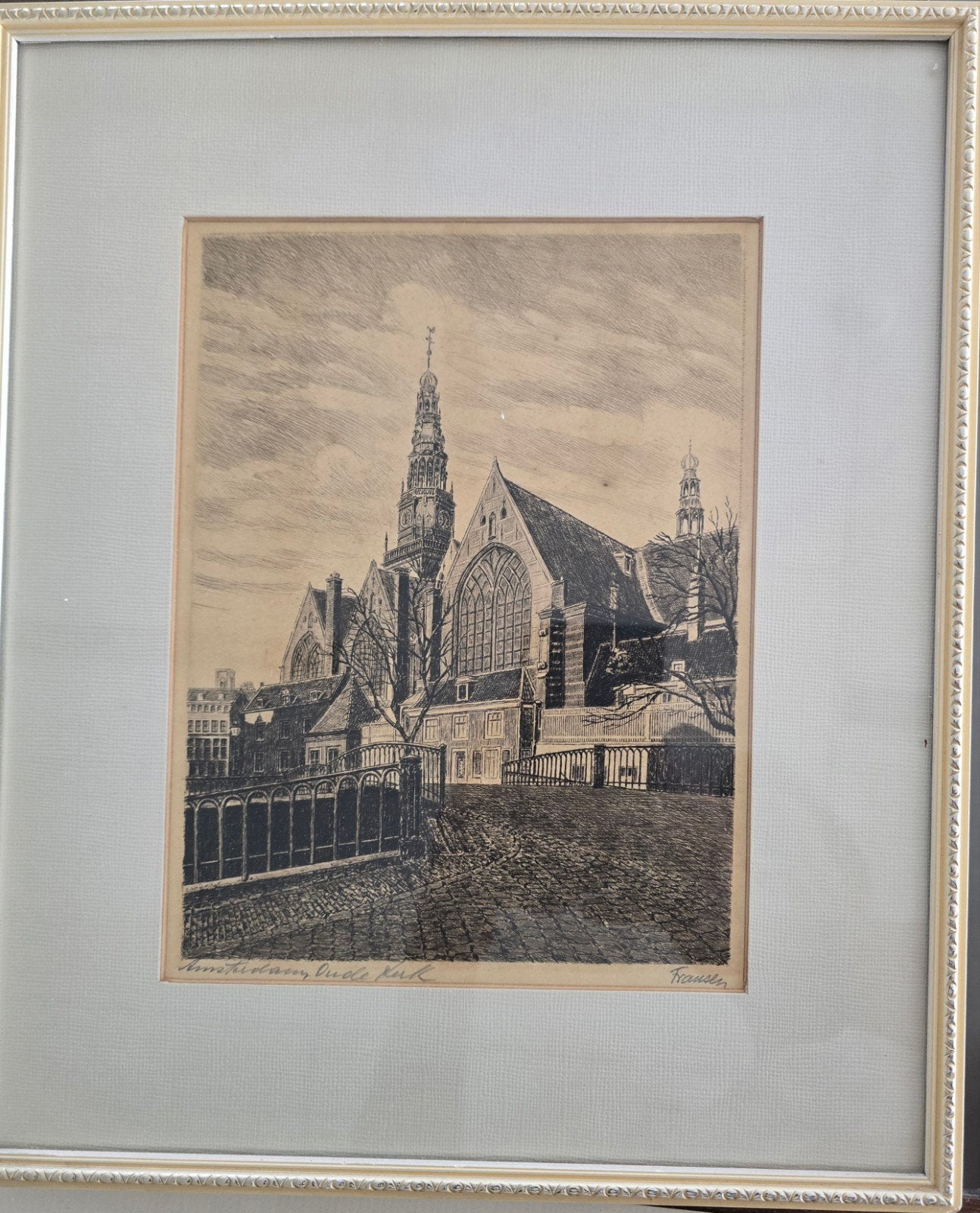 Originele ets Oude Kerk Amsterdam – Jan Fransen (Handgesigne, Antiek en Kunst, Kunst | Etsen en Gravures, Ophalen, Architectuur