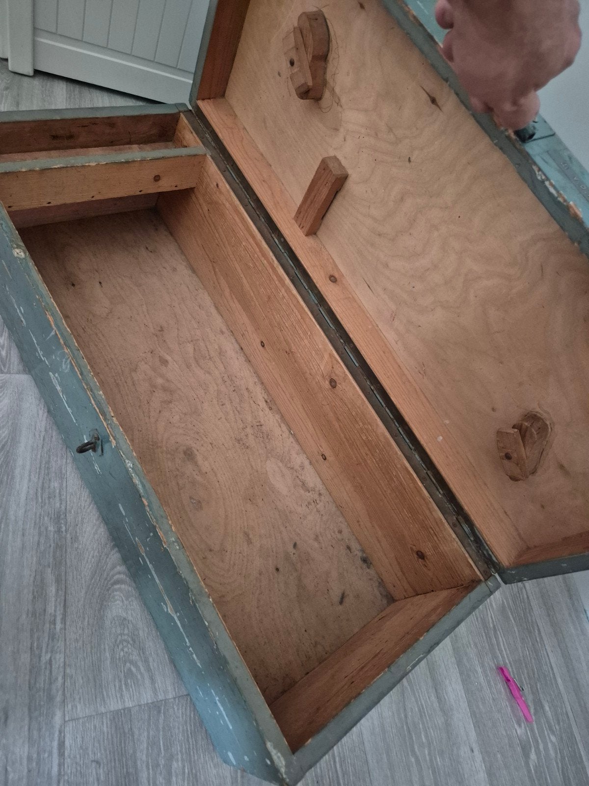 Vintage houten gereedschapskist - groen/grijsblauw, Ophalen