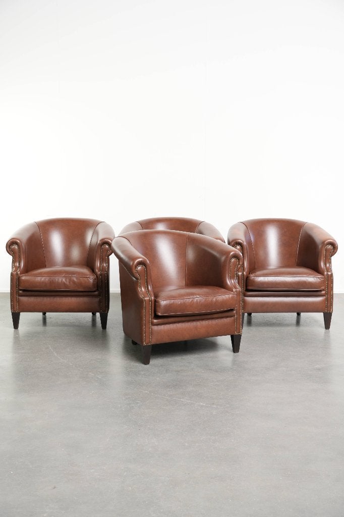 Set van 4 donker cognac kleurige rundleren clubfauteuils, Ophalen, Gebruikt, ., .