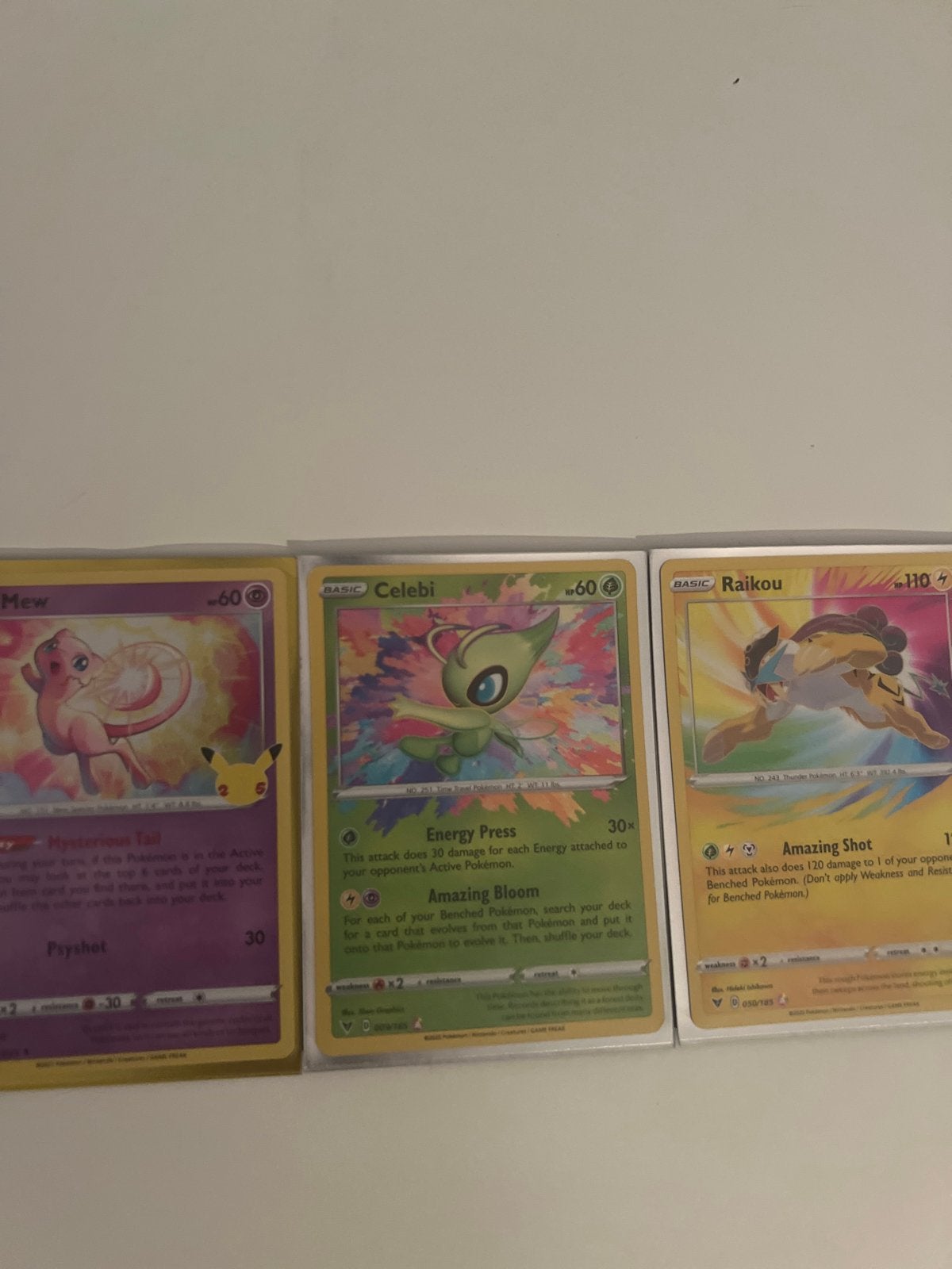 Pokémon Kaarten: Mew, Celebi, Raikou (3 kaarten), Ophalen of Verzenden, Zo goed als nieuw, Meerdere kaarten