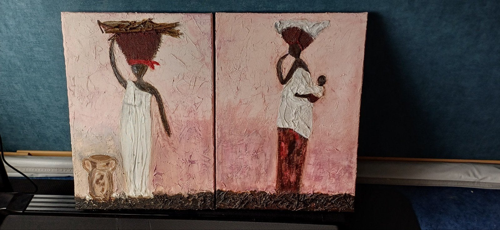 2 Schilderijen: Afrikaanse Vrouwen - Eigen Ontwerp, Figuren, Ophalen of Verzenden, Op houten frame, Gemengde techniek