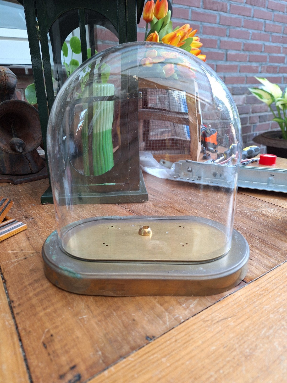 Ovale glazen stolp met koper onderbord, Antiek en Kunst, Ophalen
