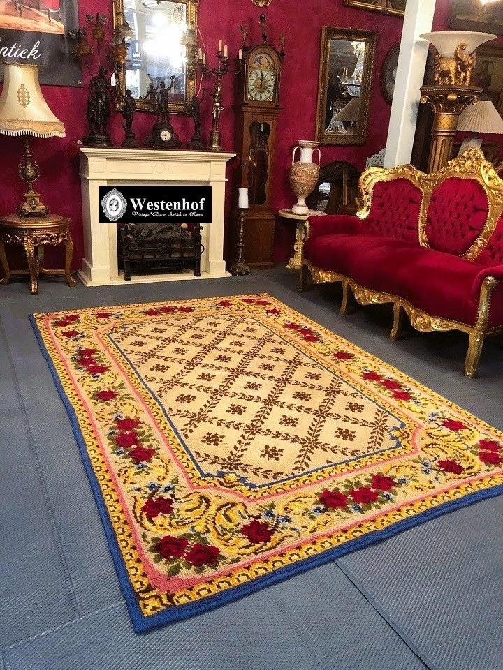 Handgeknoopt tapijt - vloerkleed wol vintage bloemen, Gebruikt, Blauw, 200 cm of meer, Ophalen of Verzenden