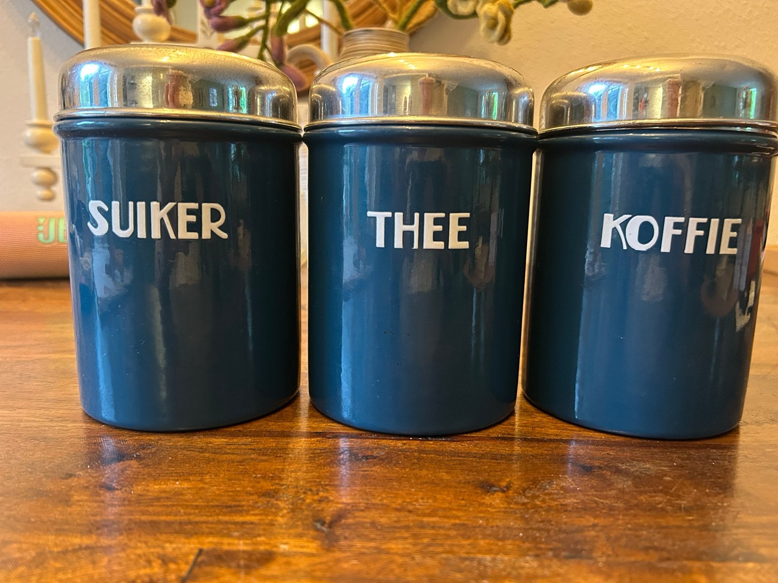 Vintage voorraadpotten: Suiker, Thee, Koffie (emaille), Antiek en Kunst, Ophalen of Verzenden