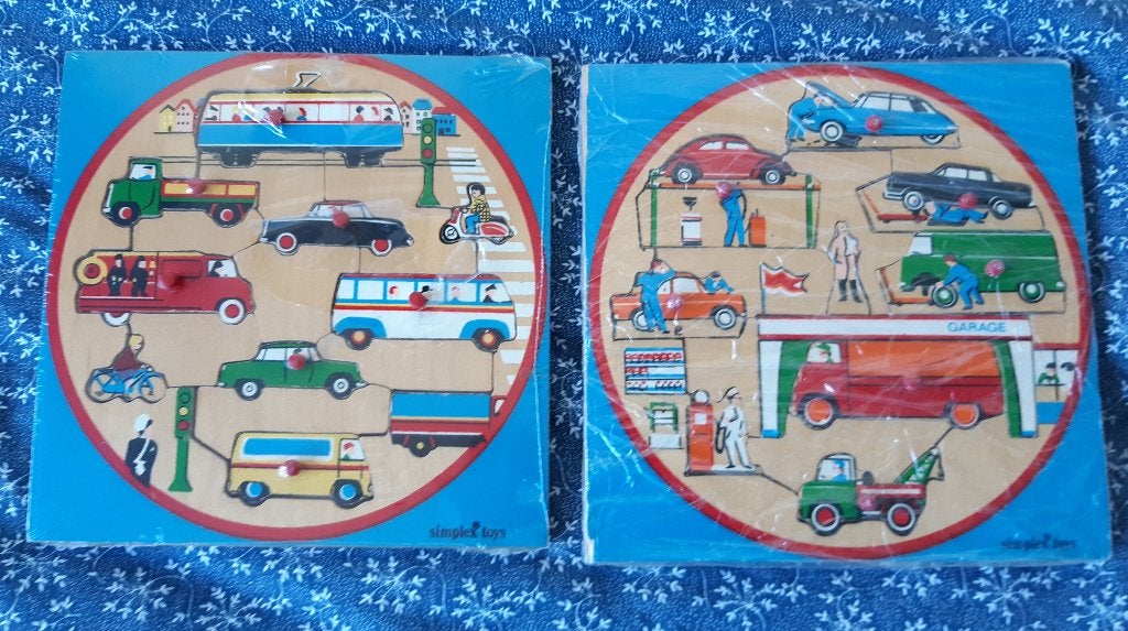 Vintage Houten Puzzels voertuigen en garage, 2 tot 4 jaar, 10 tot 50 stukjes, Ophalen of Verzenden, Zo goed als nieuw