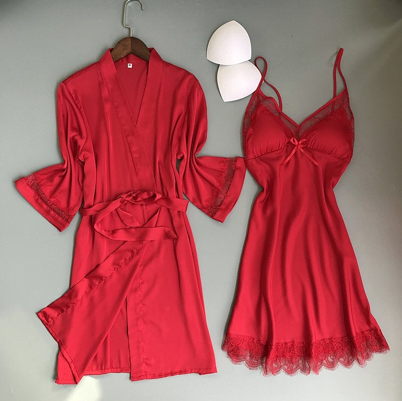 Rode kimono en nachtjapon set (ochtendjas badjas jurkje), Verzenden, Rood, Nachtkleding