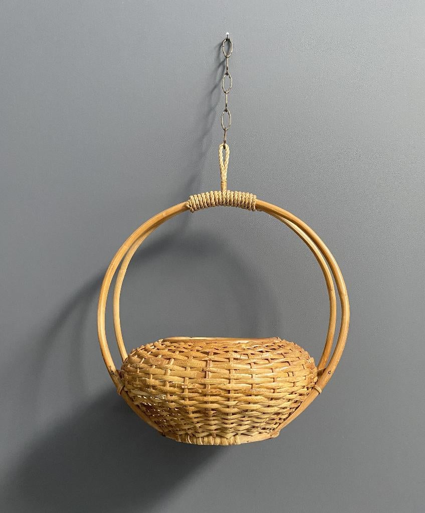 60 jaren Gevlochten hang mand met metalen hangketting, Gebruikt, Mand, Rond, Ophalen of Verzenden