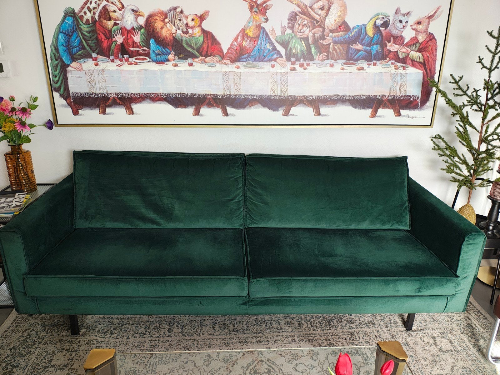 Sissy-Boy 3-zits bank in smaragdgroen fluweel, Huis en Inrichting, Gebruikt, 75 tot 100 cm, Rechte bank, Stof