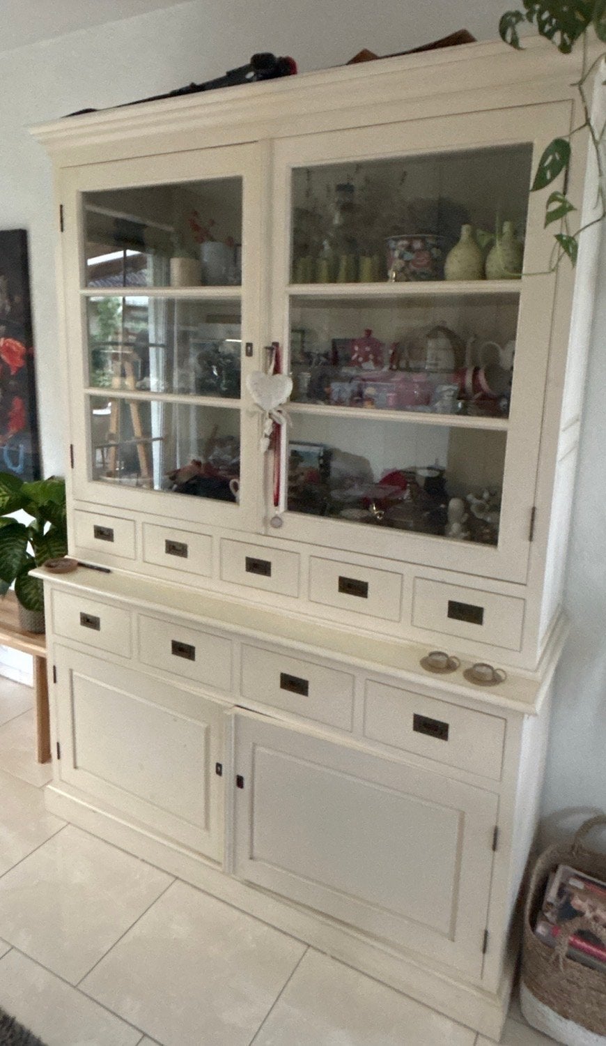 Crème-wit dressoir met vitrinekast - Landelijke stijl, Ophalen, Gebruikt, 100 tot 150 cm, Met lade(s)