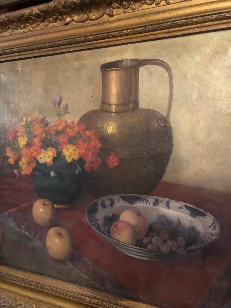 Oud schilderij antiek; bloemen in vaas met fruit, olieverf, Antiek en Kunst, Kunst | Schilderijen | Klassiek, Ophalen