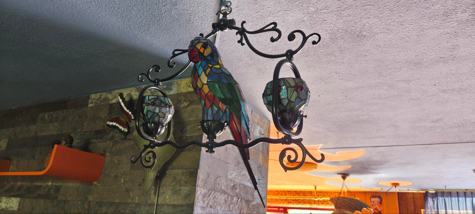 Tiffanylamp papegaai plafondlamp glas in lood, Ophalen, Gebruikt, 100 tot 150 cm, Tiffany, Art Nouveau, Exotisch