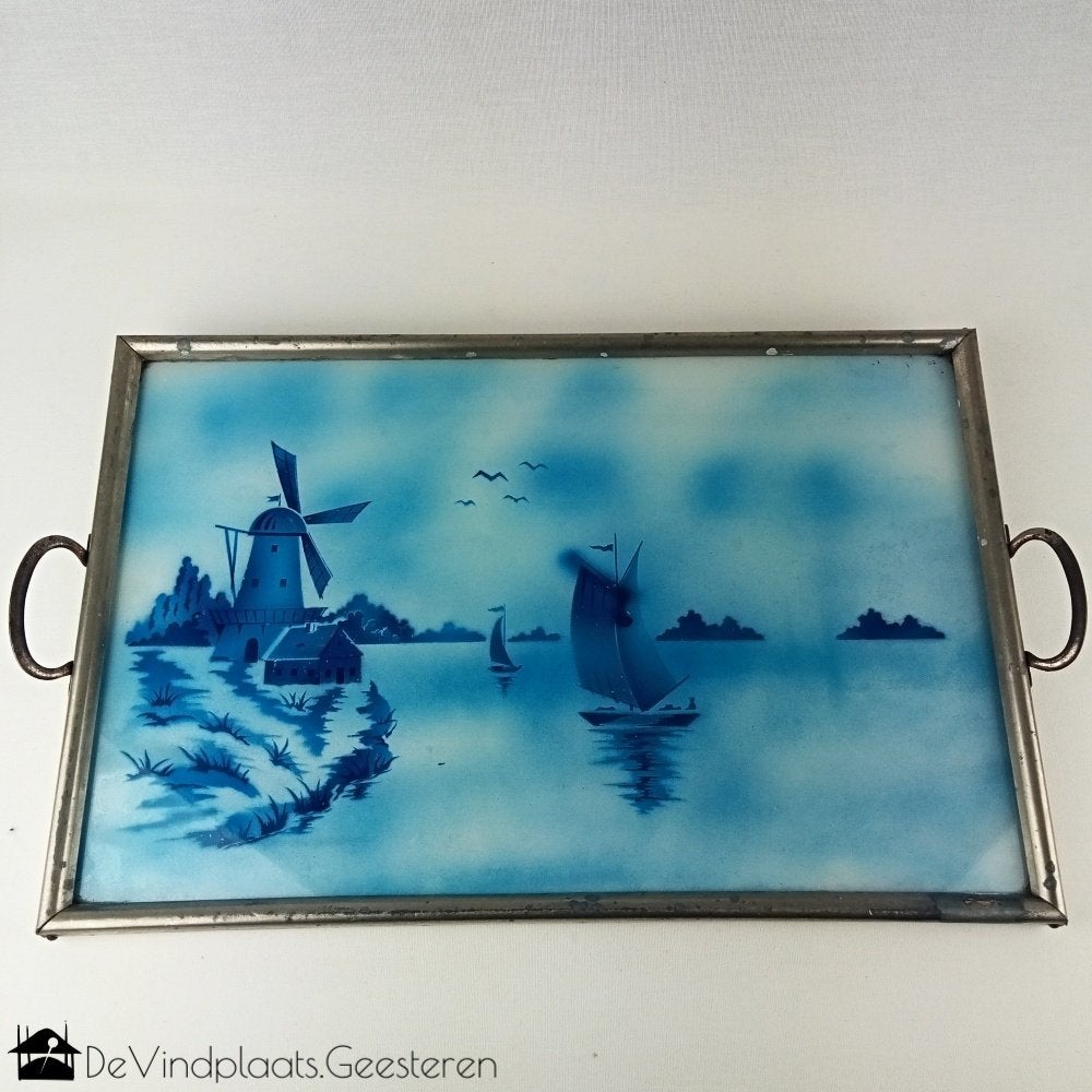 Oud Hollands tafereel dienblad - achter glas techniek, Ophalen of Verzenden