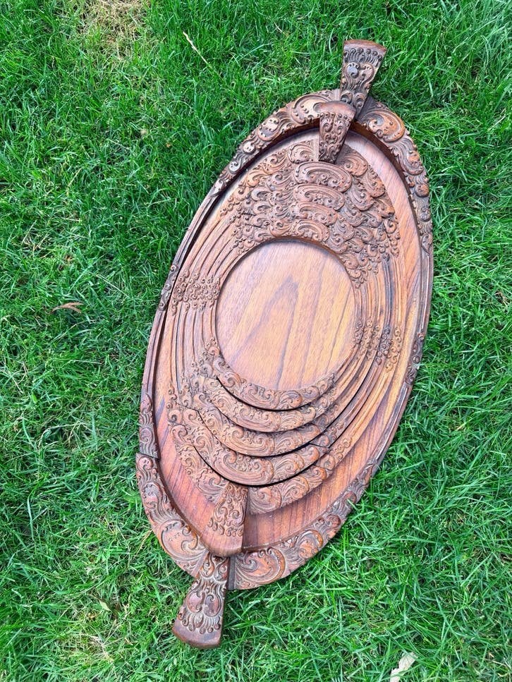 Set van 6 Indische handgesneden houten dienbladen, Ophalen of Verzenden