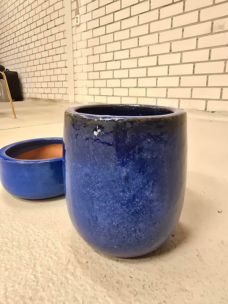 Geglazuurde blauwe bloempotten, Tuin en Terras, Bloempotten, Ophalen, Rond, Zo goed als nieuw, Aardewerk