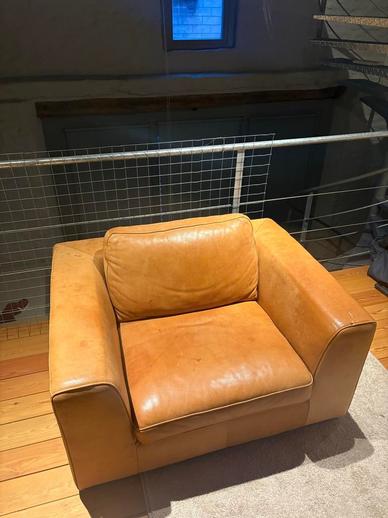Cognac Leren Designer Fauteuil, Huis en Inrichting, Fauteuils, Ophalen, Gebruikt, 100 tot 125 cm, Leer