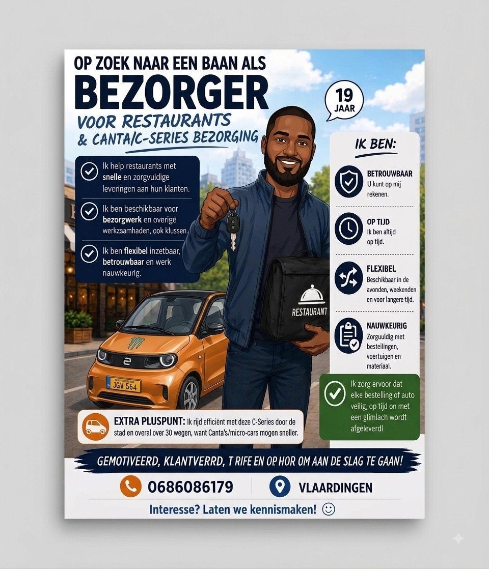 bezorger zoekt werk met canta, Variabele uren, Overige niveaus, Freelance of Uitzendbasis, Geschikt als bijbaan