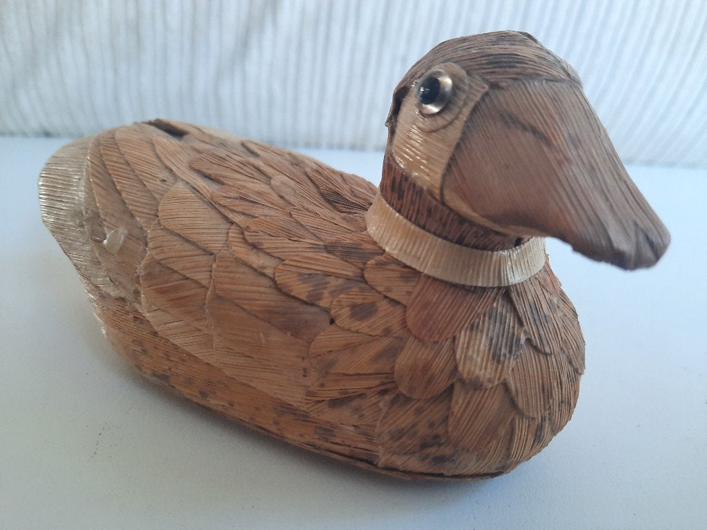 Vintage wilde eend lokvogel - Handgemaakt van Maïskolven, Ophalen of Verzenden, Gebruikt, Vogel, Beeldje of Figuurtje