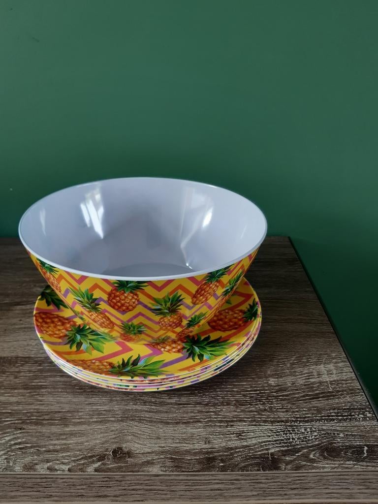 Vijf melamine borden en kom., Ophalen of Verzenden