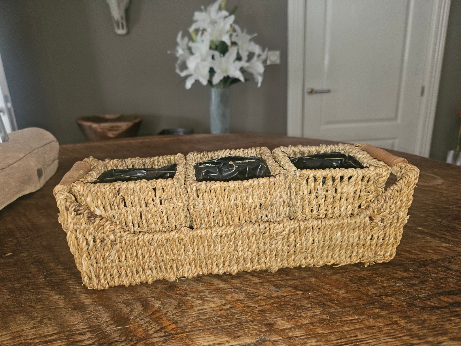 Decoratieve mand met 3 kleine mandjes, Gebruikt, Beige, Ophalen of Verzenden, Landelijk