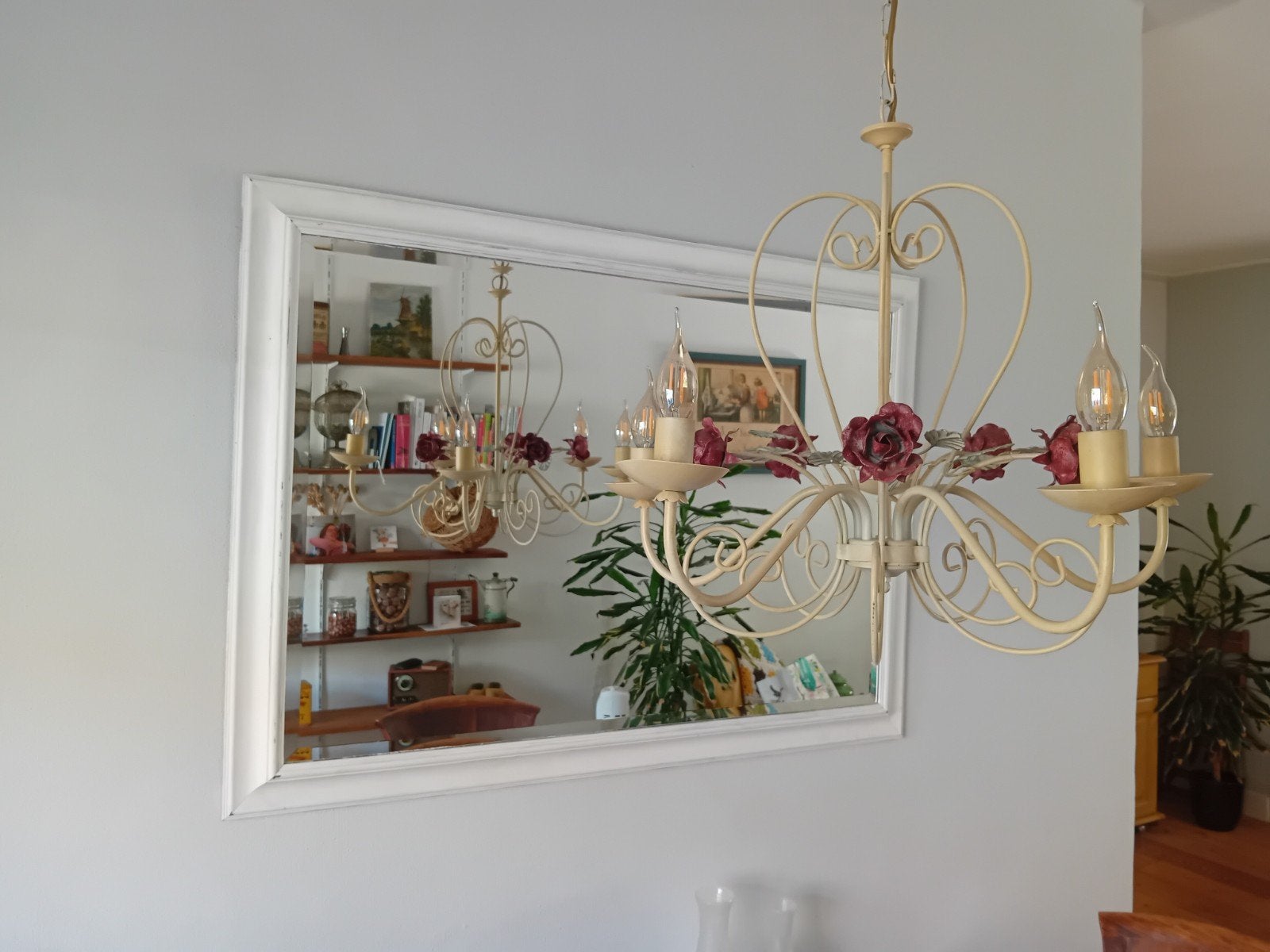 Romantische kroonluchter met rozen - Crème/Bordeaux, Ophalen, Gebruikt, Overige materialen, E14 (klein)