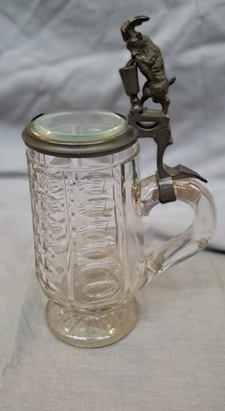 Antieke Kristallen Bierpul met Tinnen Deksel en Bok, Antiek en Kunst, Ophalen of Verzenden