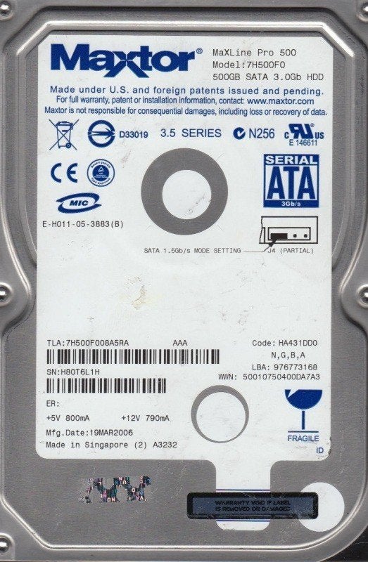 Maxtor MaXLine Pro 500 7H500F0 500GB HDD 3.5" SATA, Computers en Software, Harde schijven, Maxtor, Intern, Gebruikt, Ophalen of Verzenden
