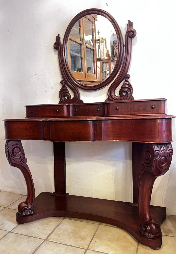 antiek mahonie Engelse kaptafel met spiegel, 105 cm breed, De doofpot, 100 tot 150 cm, Antiek klassiek, 100 tot 150 cm