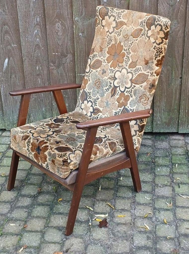 Vintage fauteuil met bloemmotief, Huis en Inrichting, Fauteuils, Ophalen, Gebruikt, 75 tot 100 cm, Vintage, Retro