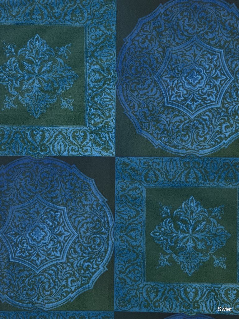 5427 donker turquoise 70s behang met grafische blokken swiet, Ophalen of Verzenden, Groen