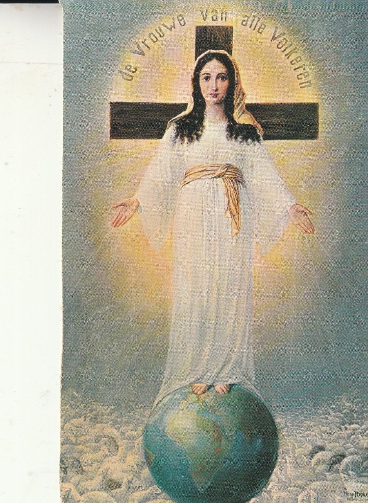 Oude prent: De Vrouwe van alle Volkeren - Maria, Ophalen of Verzenden, Gebruikt, Kaart of Prent, Christendom | Katholiek
