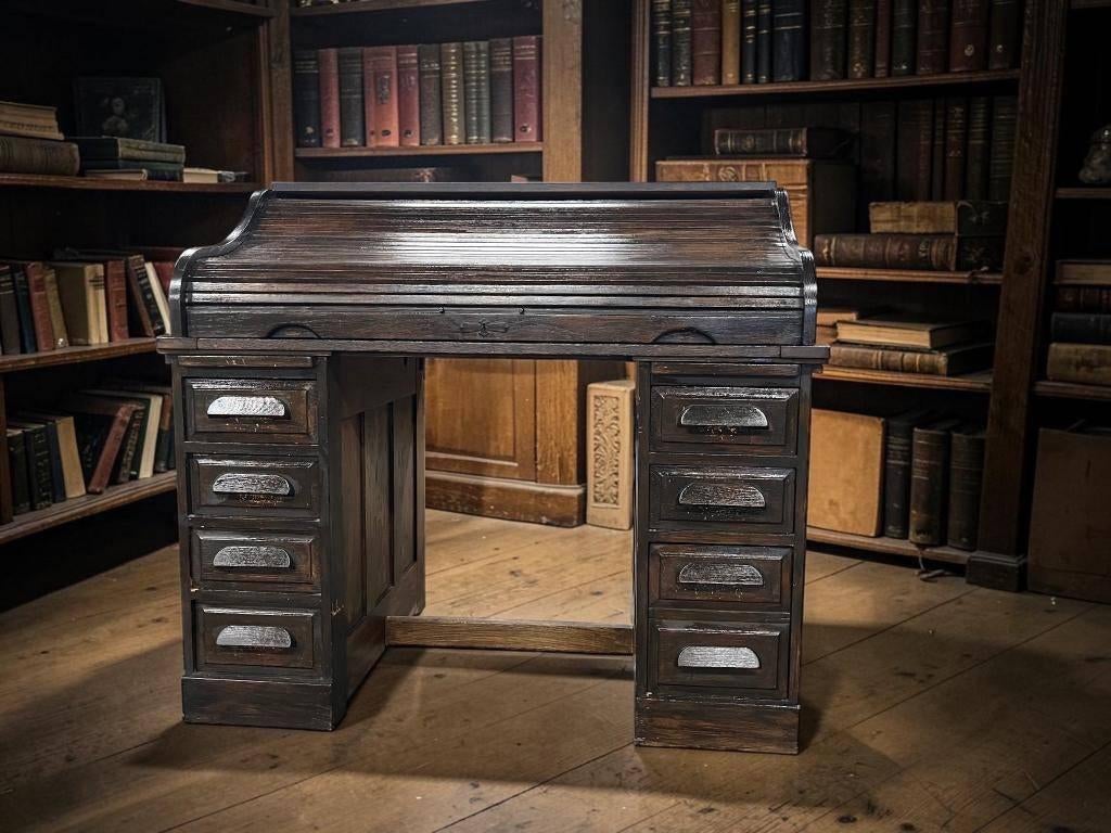 vintage houten Amerikaanse bureau met rolluik / schrijftafel, Antiek en Kunst, Ophalen