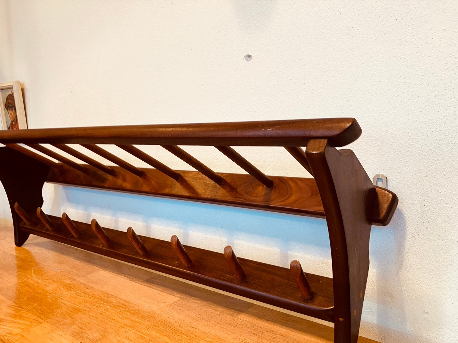 Vintage Deens design teak houten kapstok. 95 cm., Wandkapstok, Ophalen of Verzenden, Zo goed als nieuw, Minder dan 100 cm