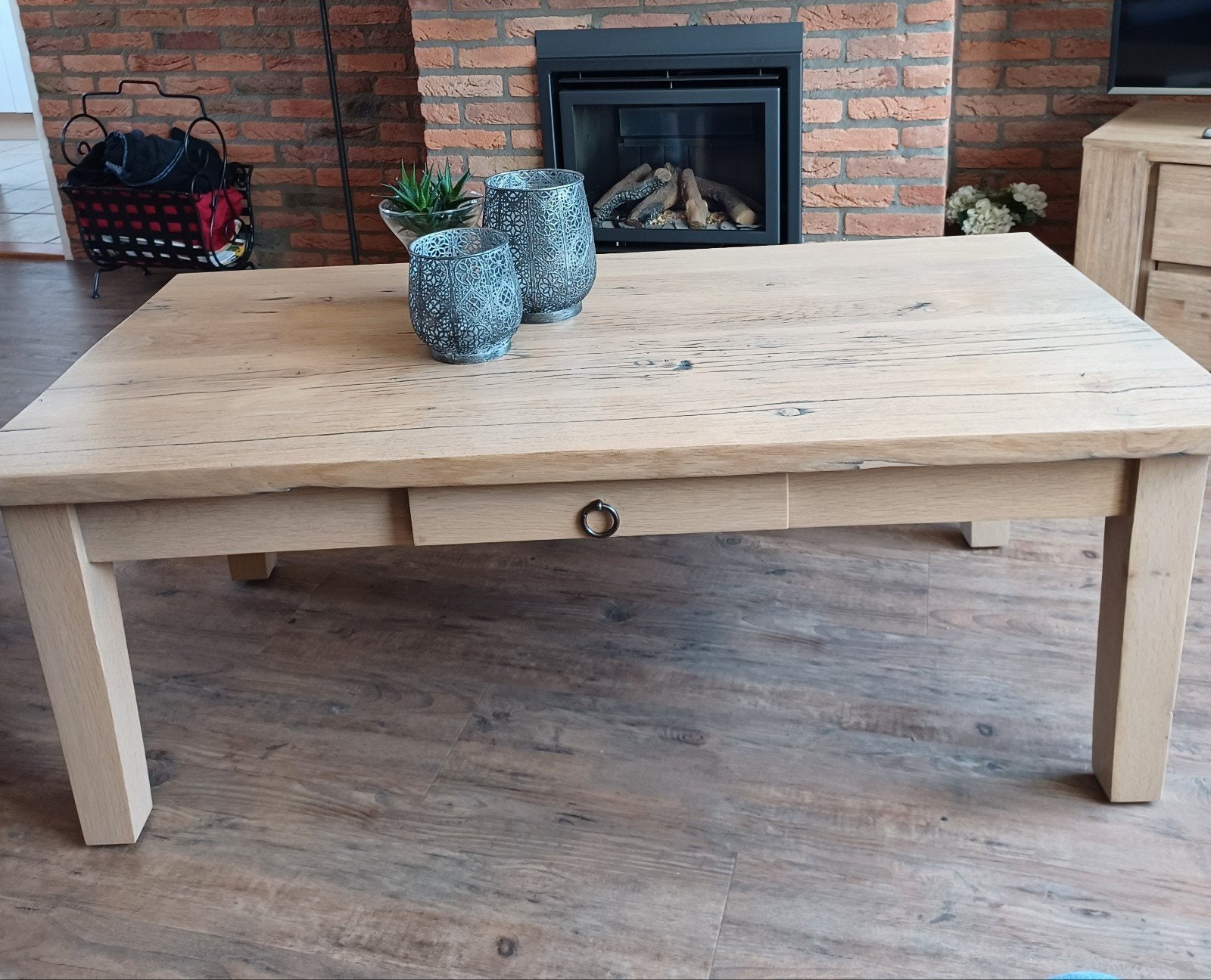 Salontafel met lade, licht eiken.  70 bij 130, Ophalen, Gebruikt, 100 tot 150 cm, Eikenhout