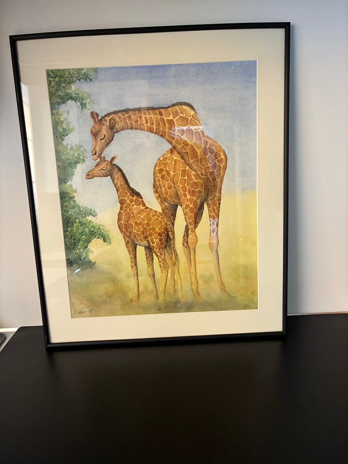 Aquarel van giraffen, Achter glas, Dieren, Ophalen of Verzenden, Aquarel