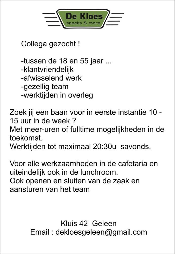 Medewerker gezocht !, Vacatures, Vacatures | Horeca en Catering, Tot en met 24 uur, Overige niveaus, Starter, Overige vormen