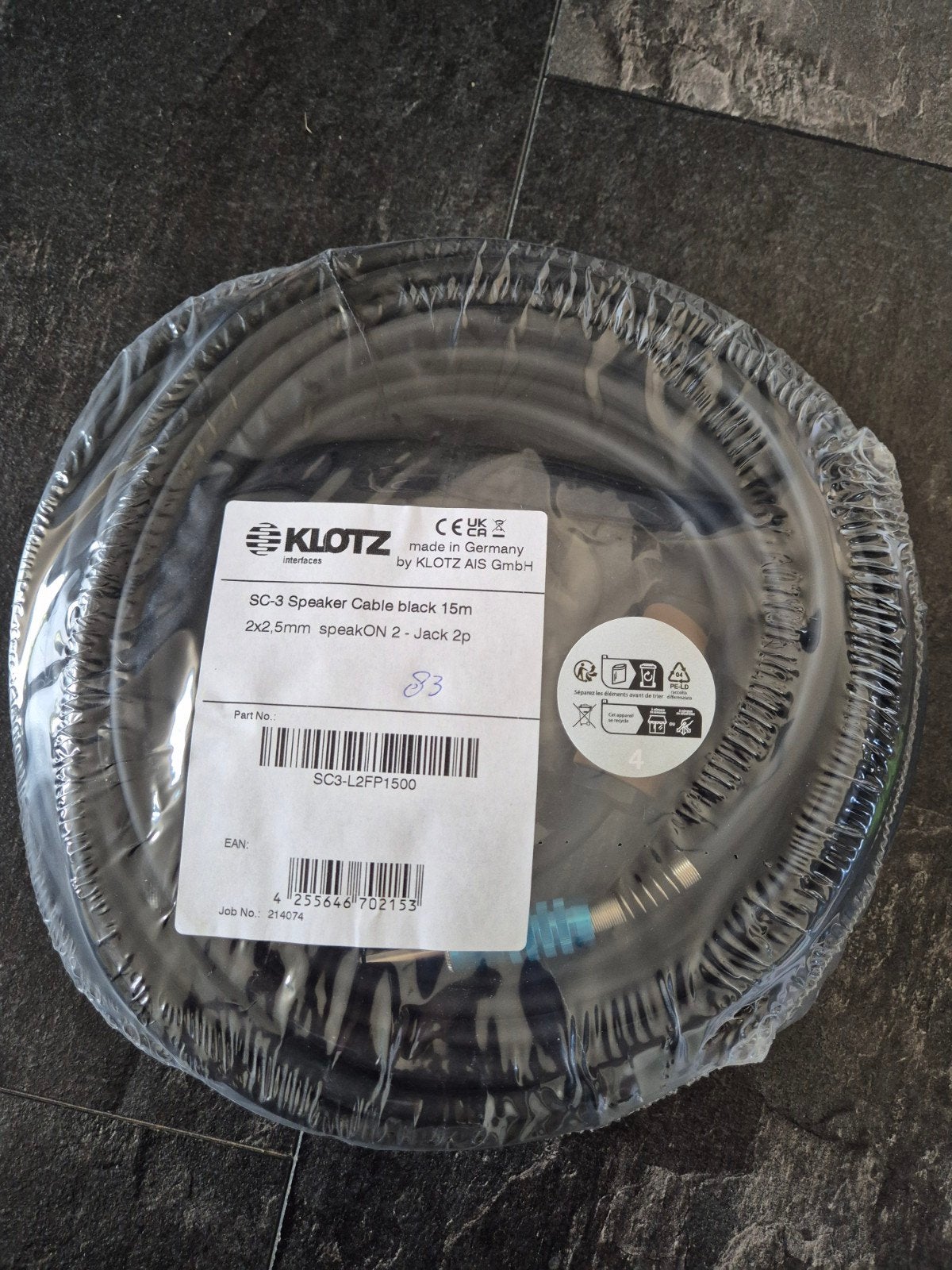 Klotz sc-3 kabel 2 x 2.5mm speakON to jack 15mtr, Ophalen of Verzenden, Nieuw, Luidsprekerkabel