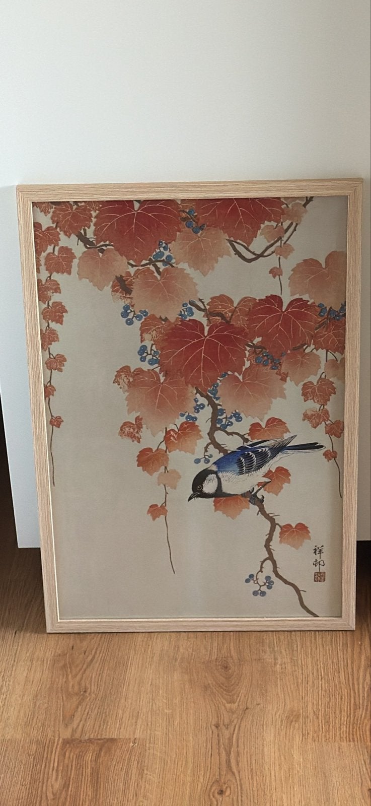 Ingelijste poster 60x40 cm - Japanse vogel en bladeren, Ophalen, 50 – 75, Minder dan 50 cm, Zo goed als nieuw